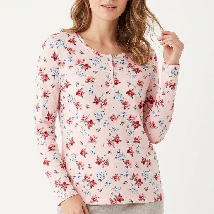 Charter Club Intimates Pajama Shirt Womens Small Pink Floral Knit Long Sleeve