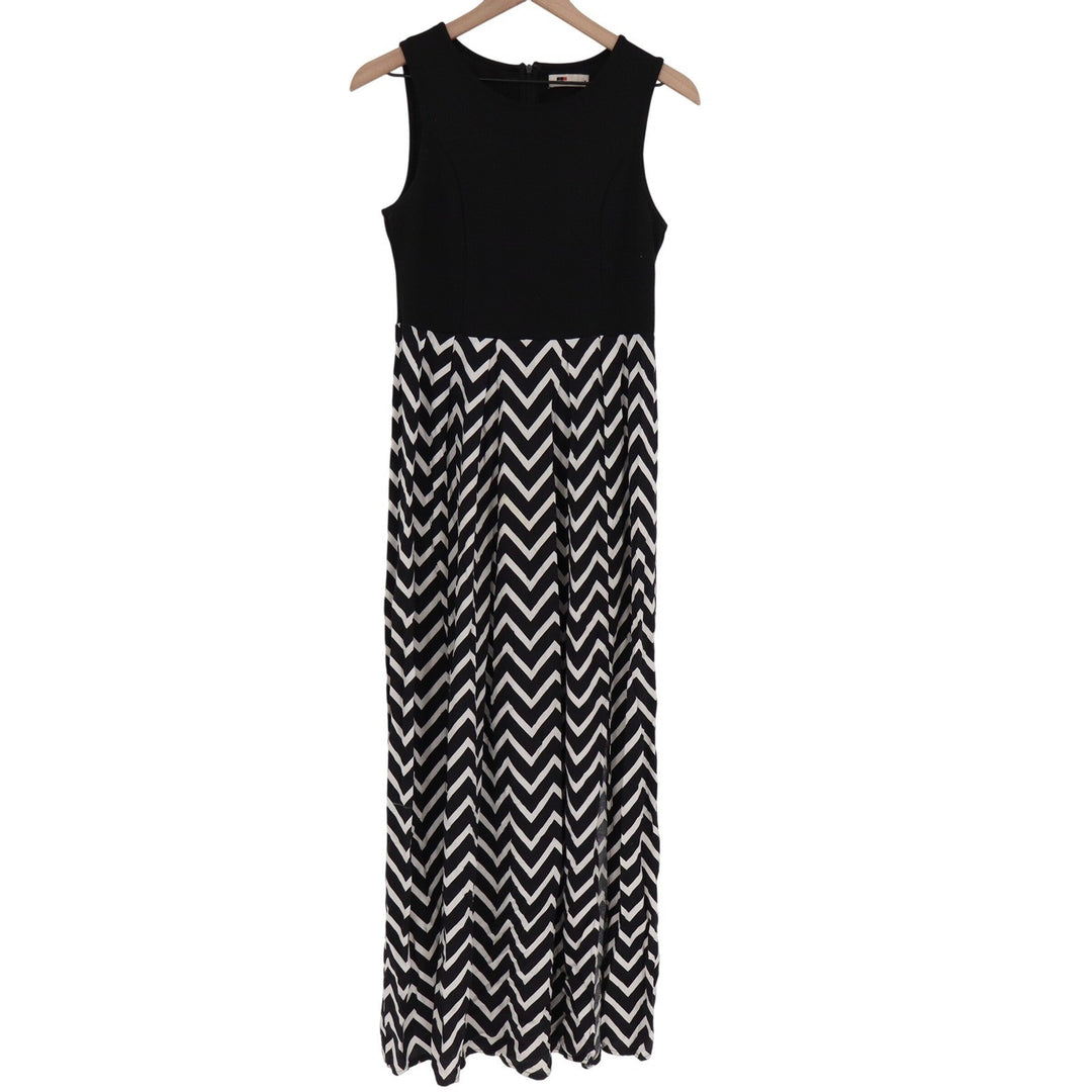 TEMT Womens Black White Chevron Maxi Dress Sleeveless Round Neck Size M
