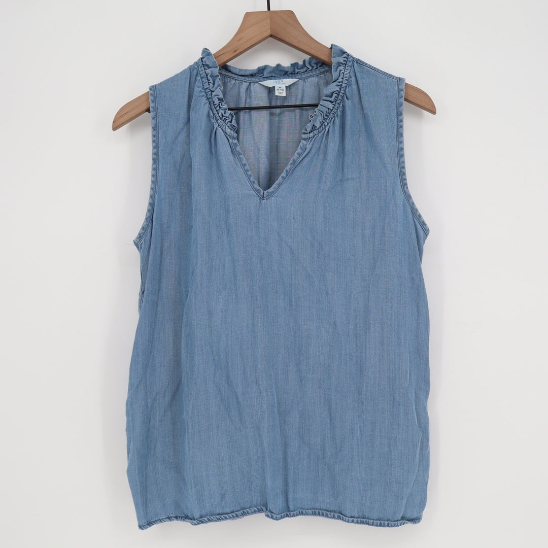 Time and Tru Womens Medium Blue Lyocell Ruffle Neck Sleeveless Blouse M 8-10