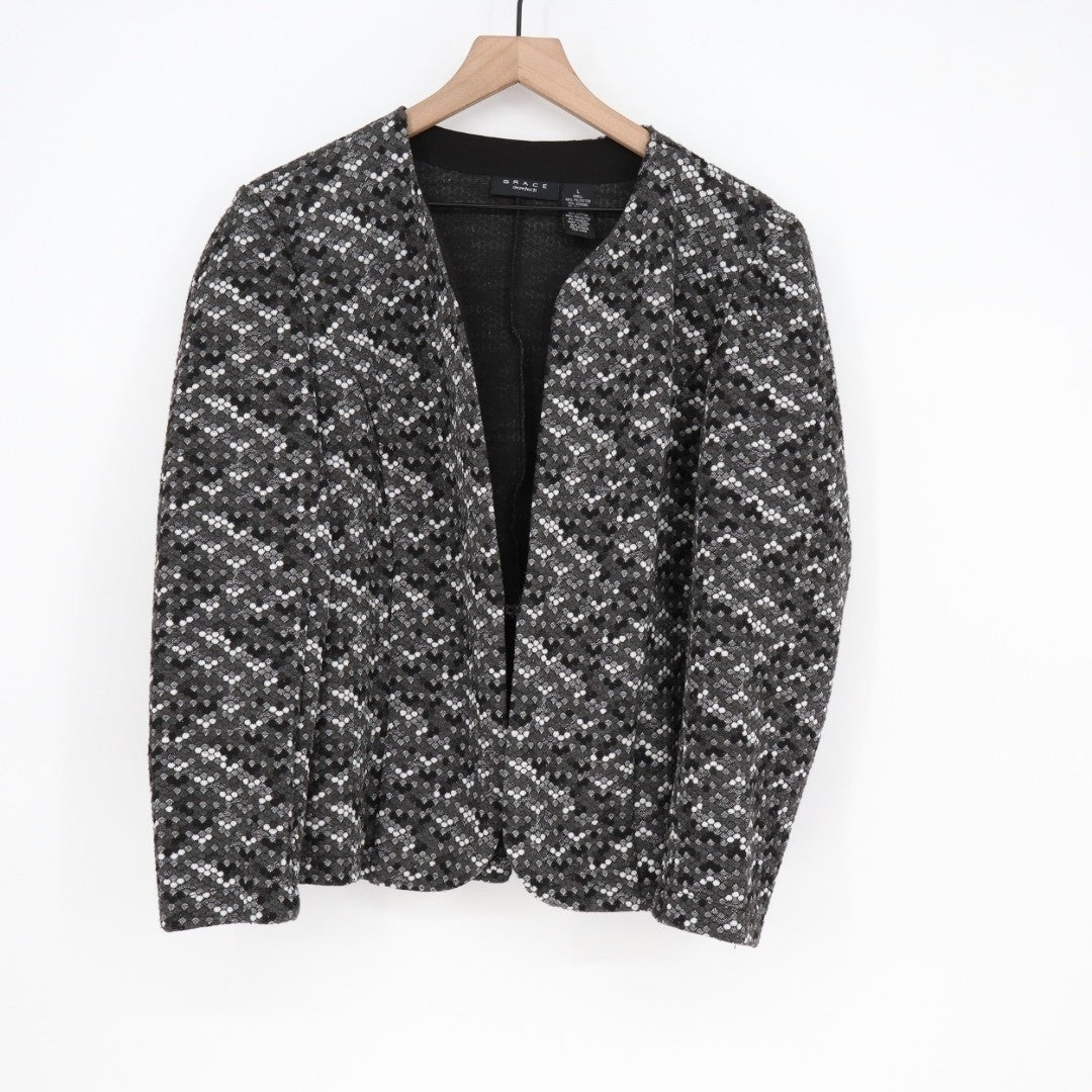 Grace The Perfect Fit Suit Jacket Blazer Womens L Black Multi Stretch Open Front