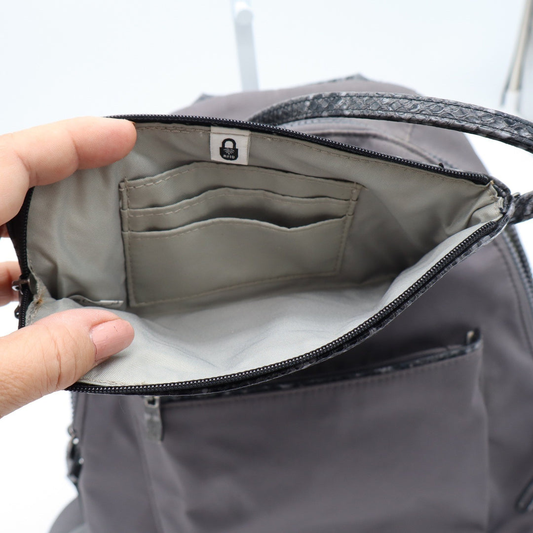 Baggallini Gray Nylon Backpack Snakeskin Trim Small Travel Bag with Pouch Padded