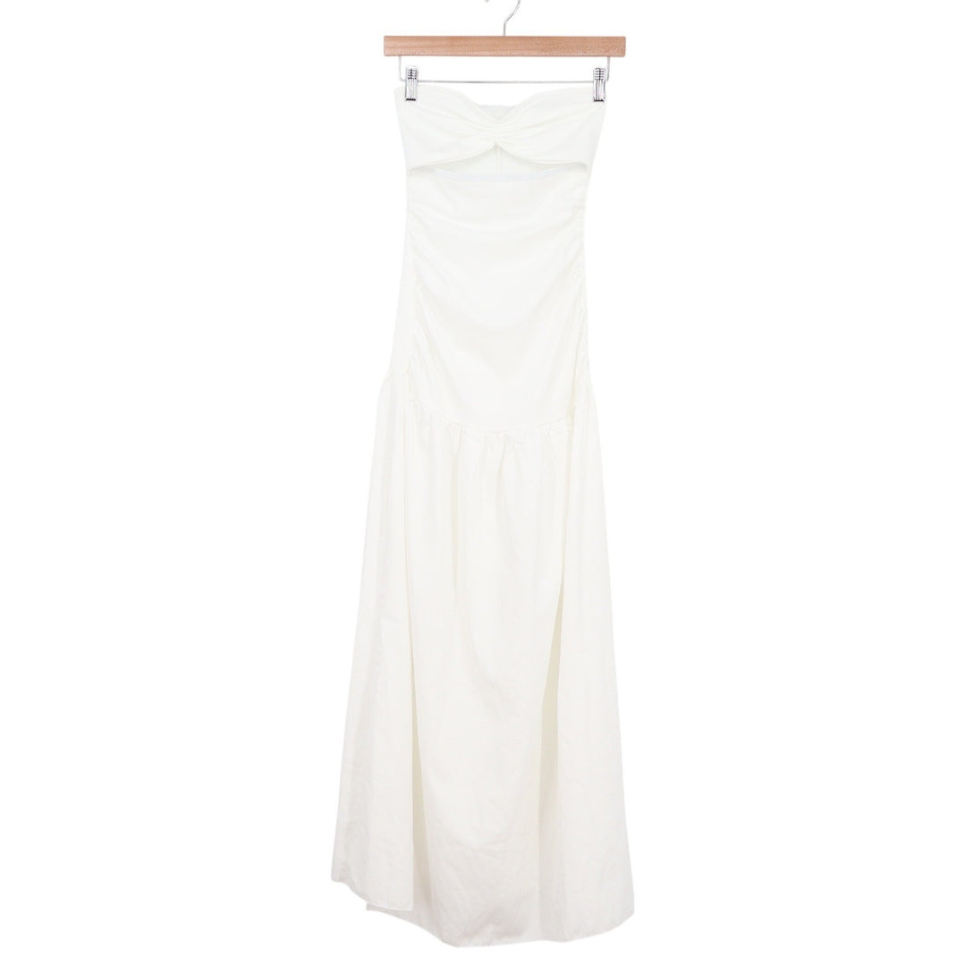 White Strapless Cutout Ruched Drop Waist Maxi Dress XS Tube Gown Summer Boho