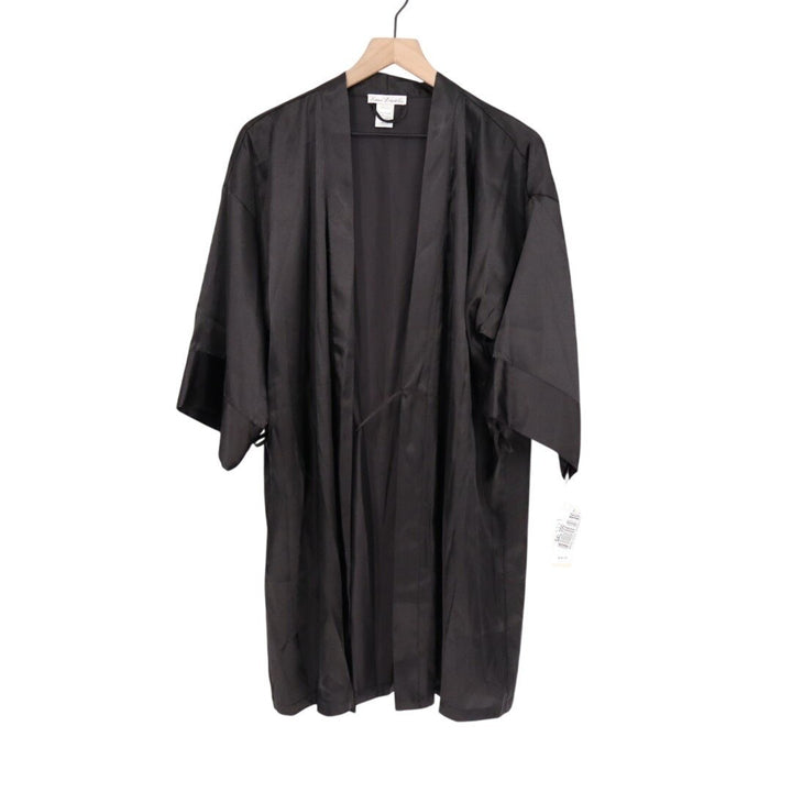 Linea Donatella Short Satin Robe Women L/XL Black 3/4 Sleeve Tie Waist Sleepwear