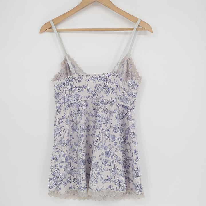 Laura Ashley Blue Floral Lace Trim Camisole Top XL Empire Waist Adjustable Strap