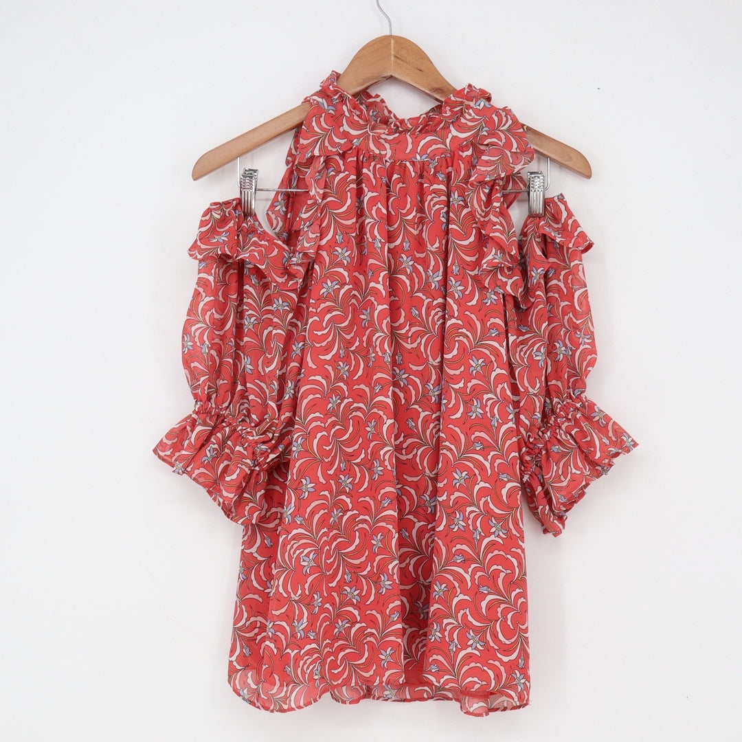 Max Studio Blouse Womens L Cold Shoulder Coral Red Ruffle Floral