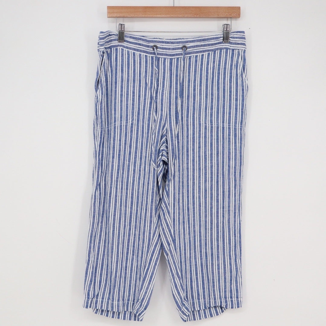 Per Se Blue White Striped Linen Blend Cropped Wide Leg Pants Womens Medium