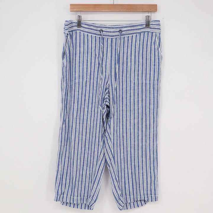 Per Se Blue White Striped Linen Blend Cropped Wide Leg Pants Womens Medium