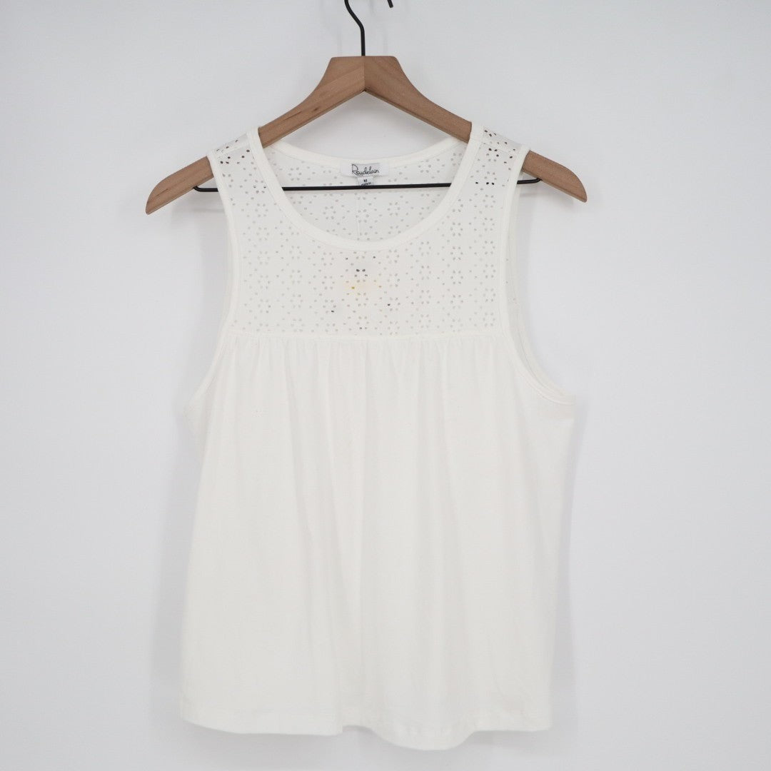 Roudelain Tank Top Womens Medium White Eyelet Detail Yoke Stretch Wide Strap