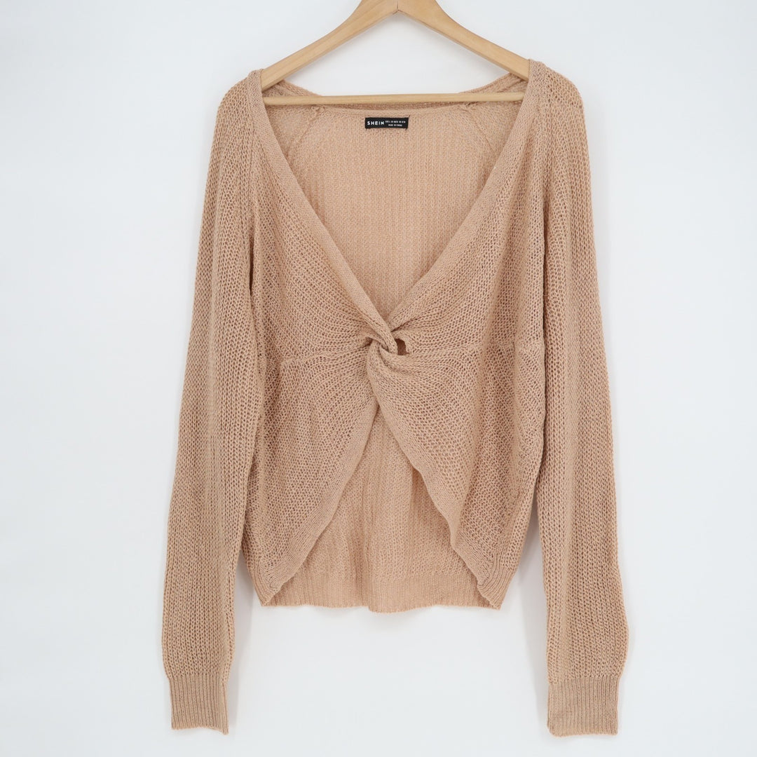 SHEIN Twist Front Sweater Womens Large Brown Open Knit Long Sleeve Pullover