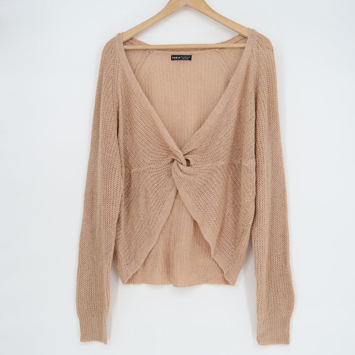 SHEIN Twist Front Sweater Womens Large Brown Open Knit Long Sleeve Pullover