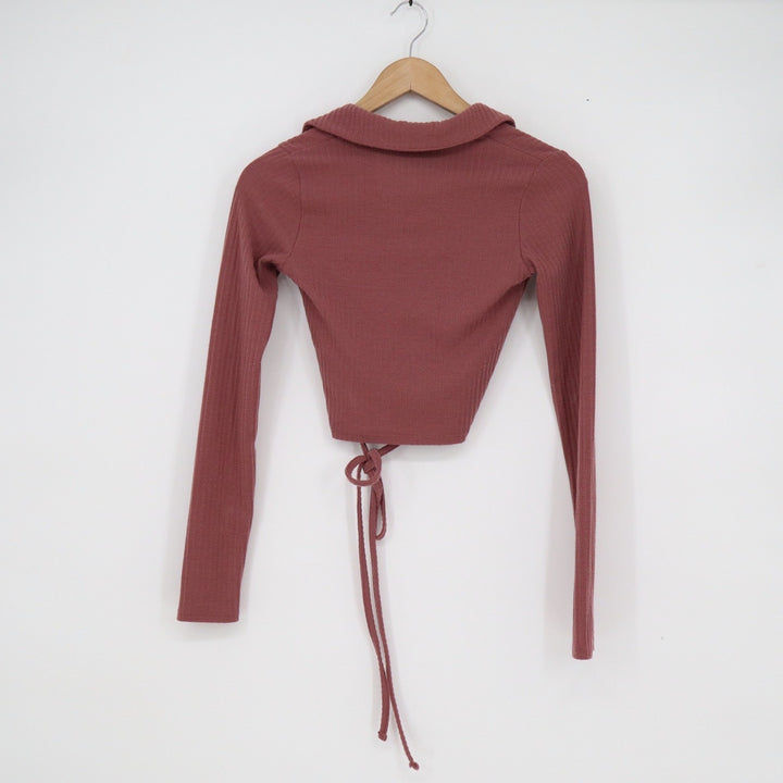 Hollister Womens XS Ribbed Long Sleeve Wrap Tie Crop Top Mauve Collared V-Neck