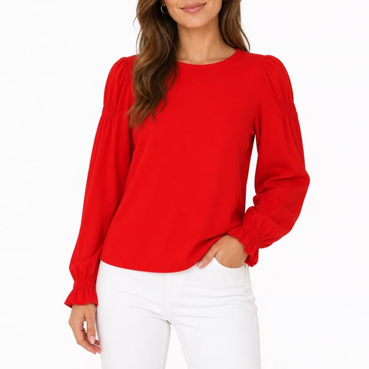 LOFT Red Puff Sleeve Ribbed Knit Top Medium Smocked Cuff Crew Neck