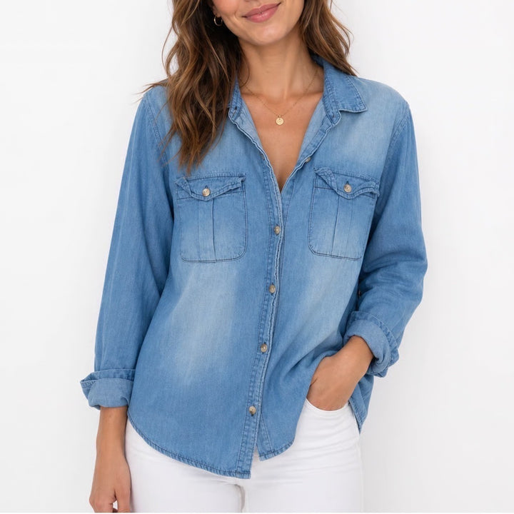 Blue Chambray Cotton Button Down Shirt Long Sleeve Chest Pockets XL