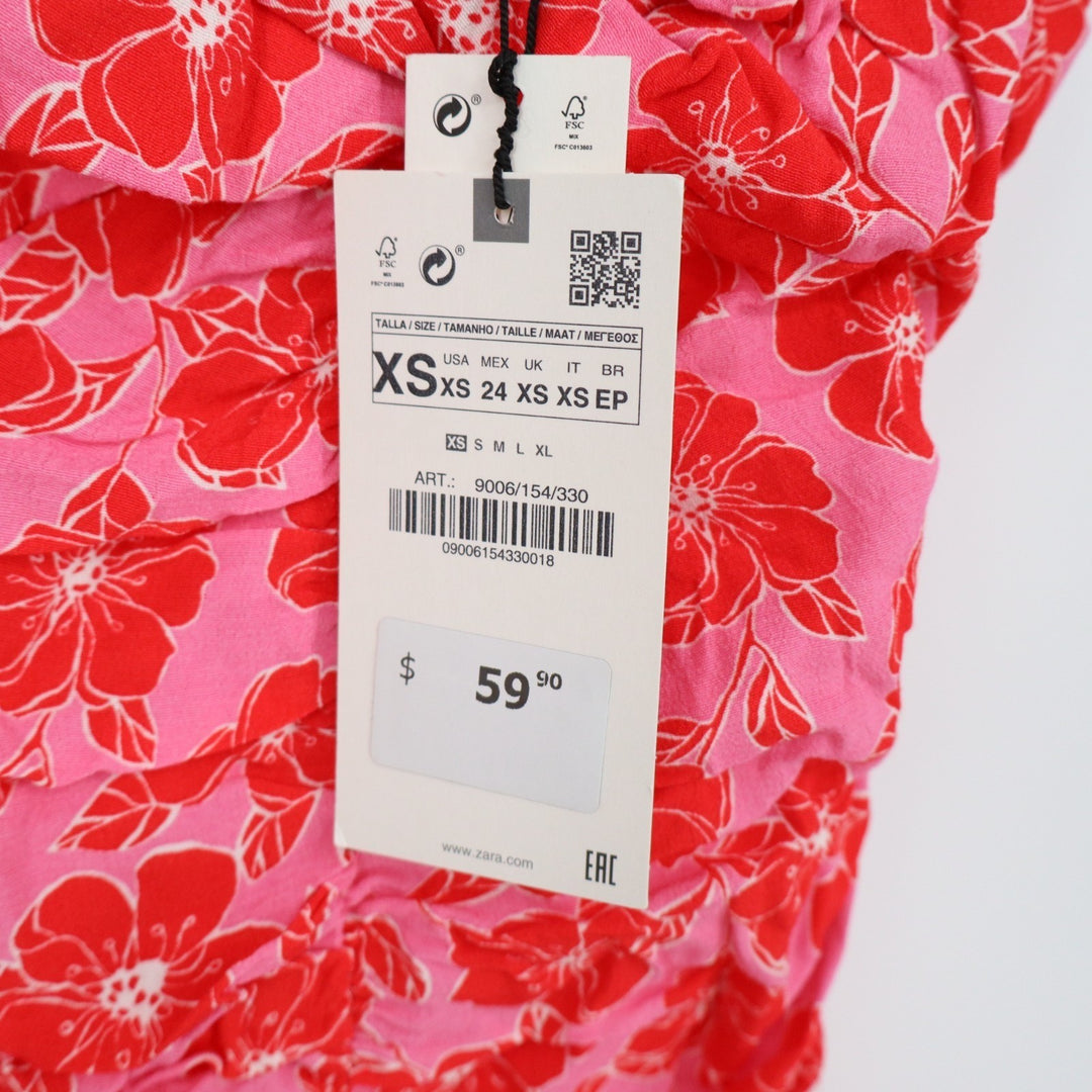 Zara Mini Dress Womens XS Pink Floral Draped Sleeveless Summer Trendy Ruched