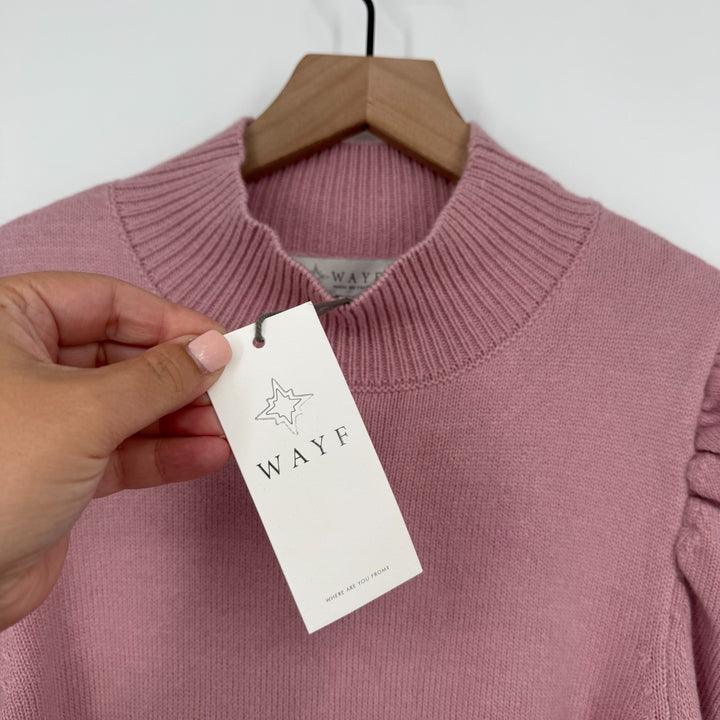 Wayf Lola Sweater Dress Women Medium Pink Nylon Puff Sleeve Mock Neck Tight Knit