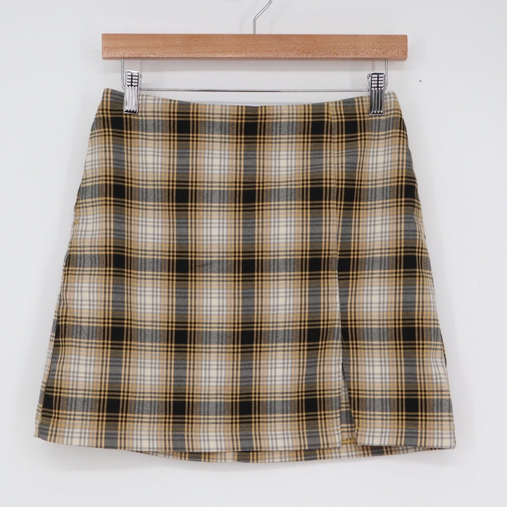 Urban Outfitters Yellow Plaid Mini Skirt Front Slit Small 90s Style