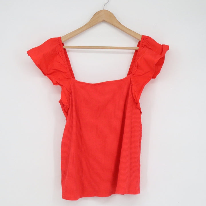 A New Day Womens XL Red Ruffle Flutter Sleeve Square Neck Ribbed Knit Top
