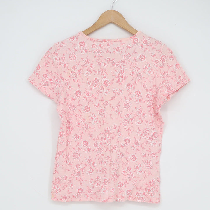Basic Editions Pink Floral Rose Print Cotton Short Sleeve Crew Neck Tee Shirt M