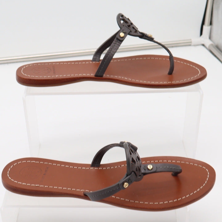 Tory Burch Sandals Womens 8 Miller Thong Flip Flop Gray Leather Logo Excellent