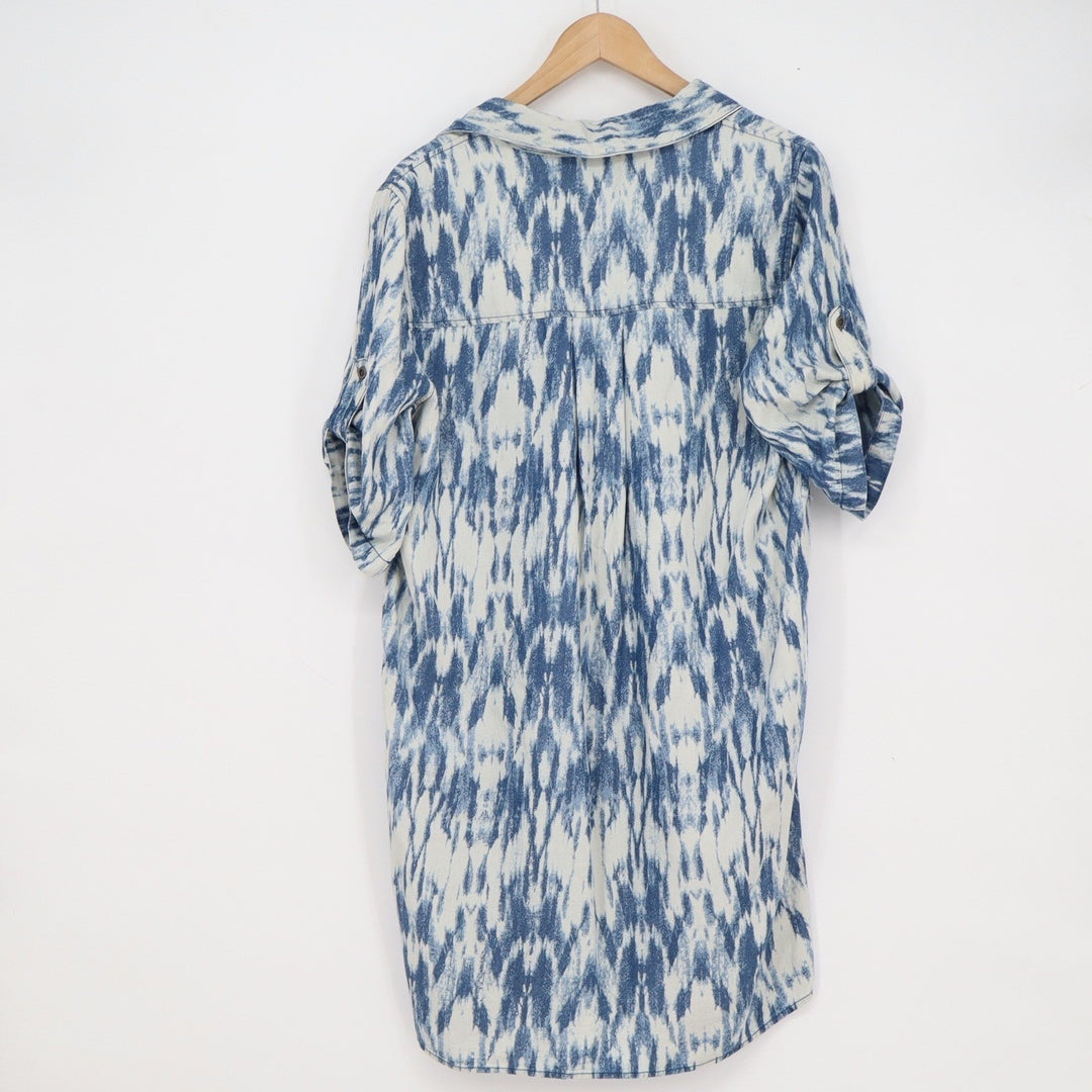 Velvet Heart Blue White Ikat Tencel Shirt Dress Roll Tab Sleeve Pockets