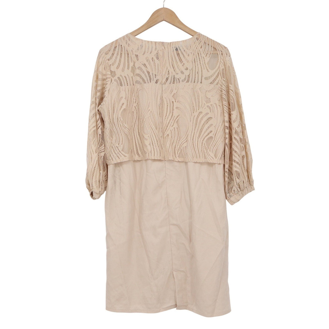 K Beige Lace Overlay Sheath Dress 3/4 Balloon Sleeve Round Neck Size L