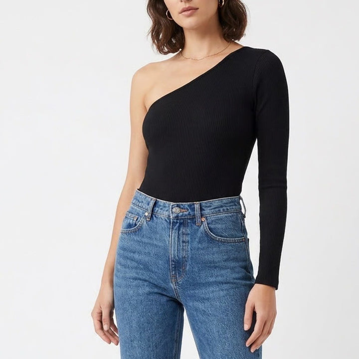 Naked Wardrobe One Shoulder Long Sleeve Bodysuit Black Medium NWT
