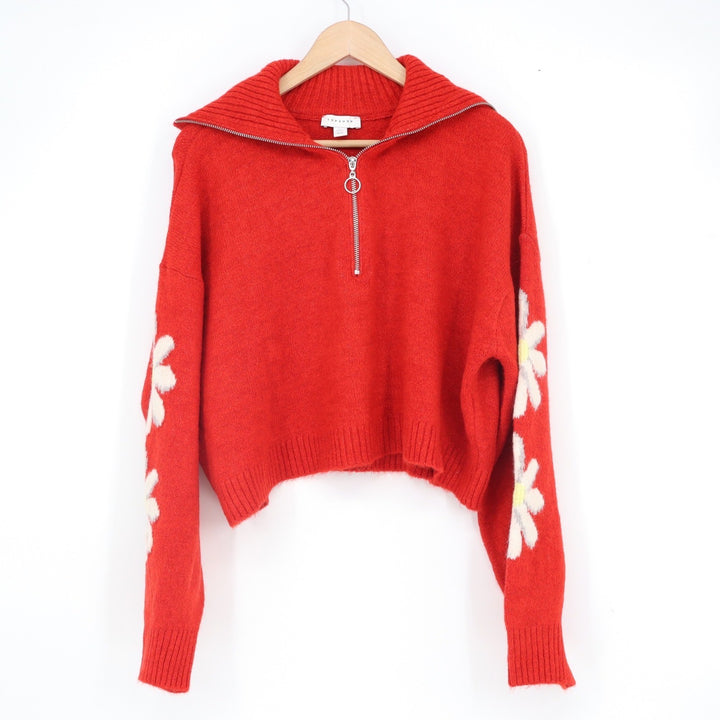 Topshop Red Daisy Floral Sleeve Quarter Zip Cropped Sweater US 12