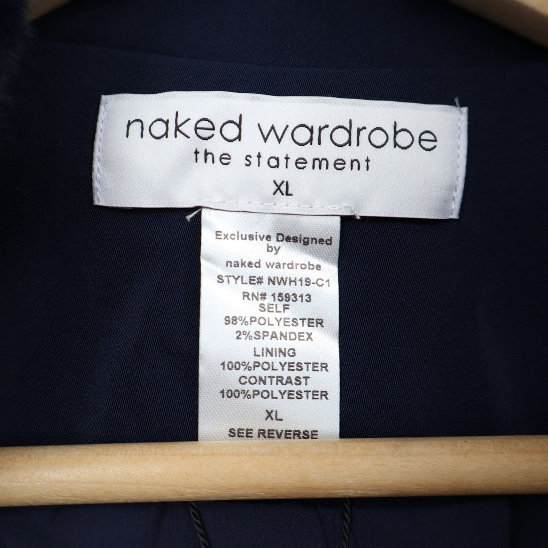 Naked Wardrobe The Statement Trench Coat Womens XL Navy Stretch Fur Trim Lined