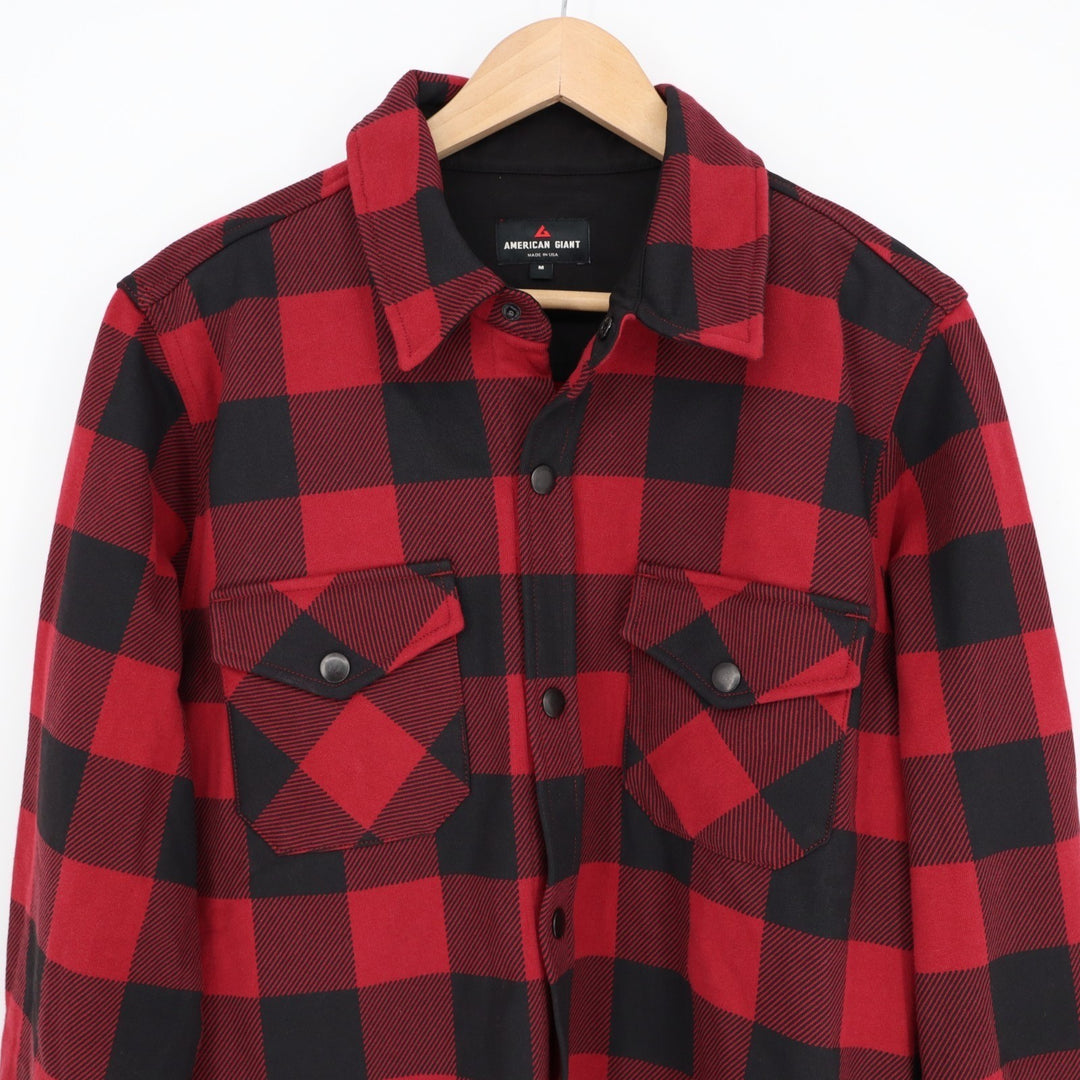 American Giant Redwood Overshirt Unisex M Red Plaid Cotton Fleece Spread Collar