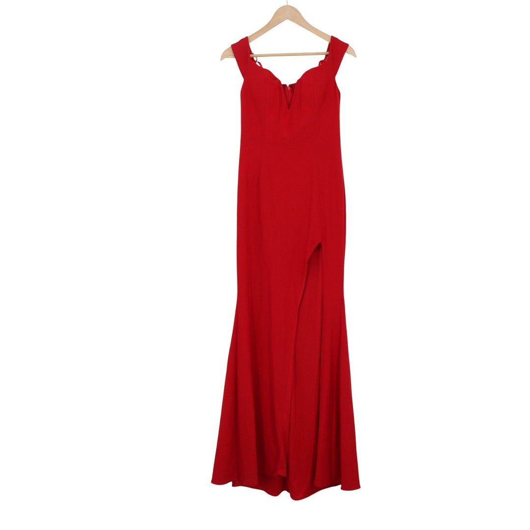 Xscape Davids Bridal Red Off Shoulder V-Bar Front Slit Evening Gown 2318X Size 2