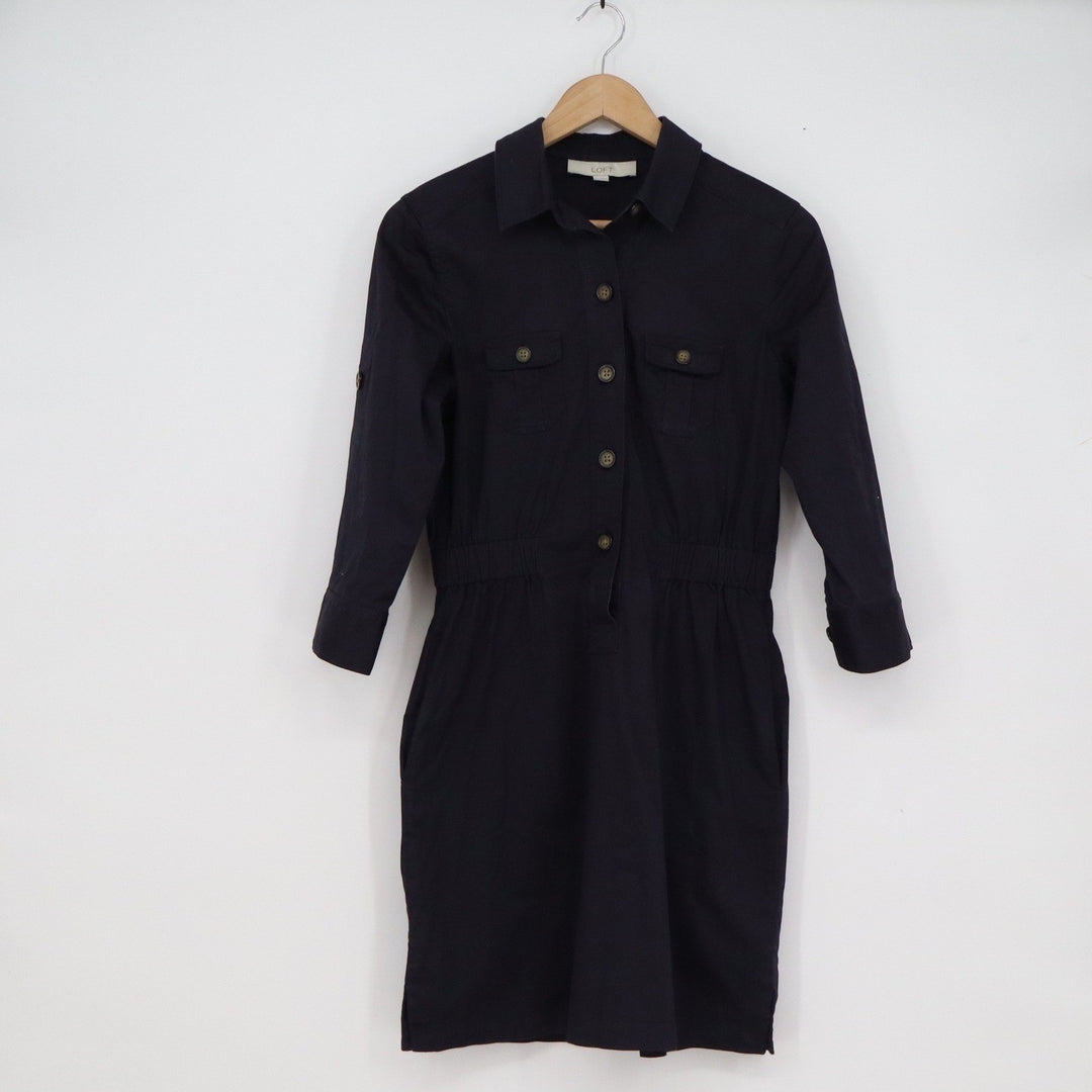 Ann Taylor LOFT Navy Blue Utility Shirtdress 3/4 Roll Tab Sleeve XS