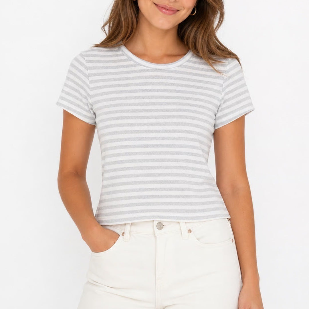 LA GLOW Womens XS Grey White Striped Short Sleeve Crewneck Slim Fit Baby Tee