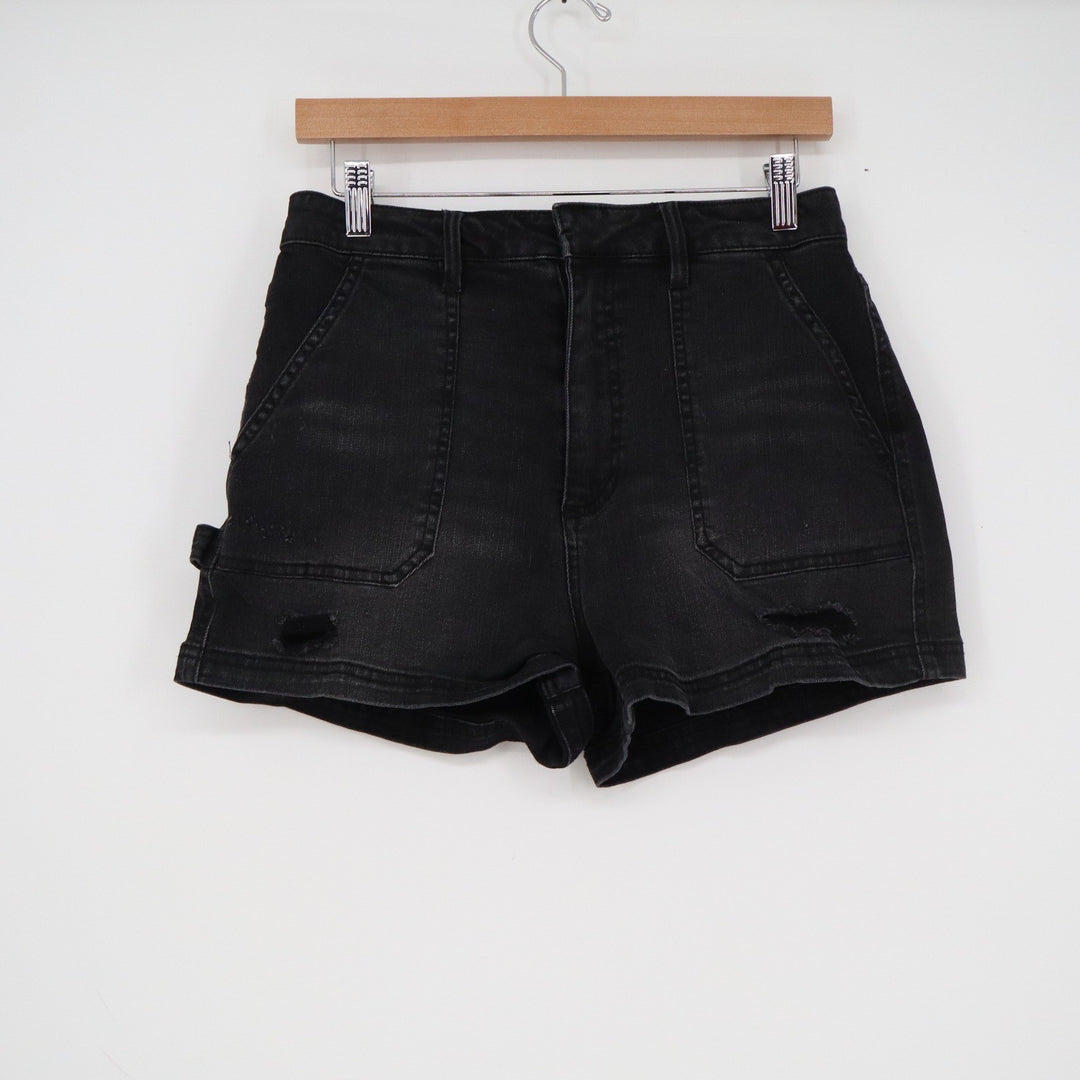 Forever 21 Womens Black Distressed Carpenter Denim Shorts Size 30 Utility Loop