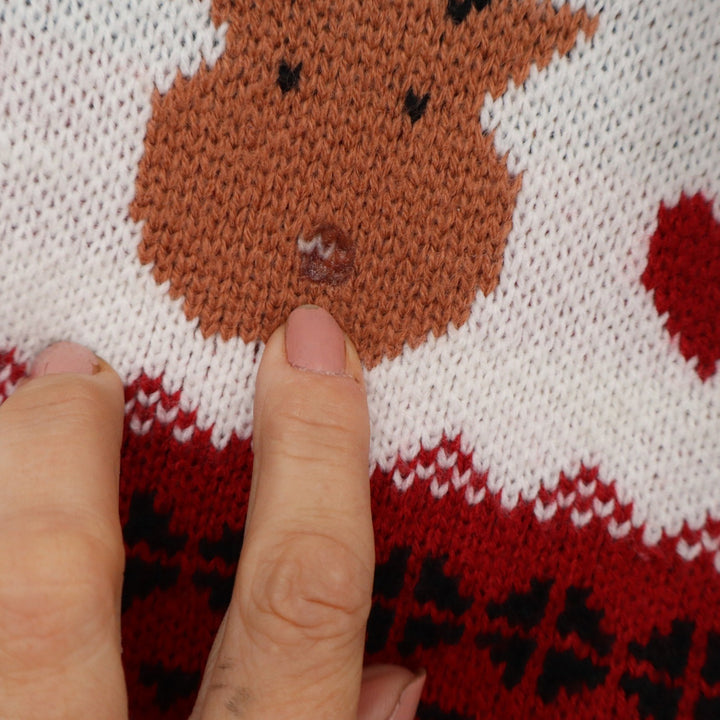 Red Fair Isle Reindeer Christmas Sweater Womens Size S Pom Pom Holiday Knit