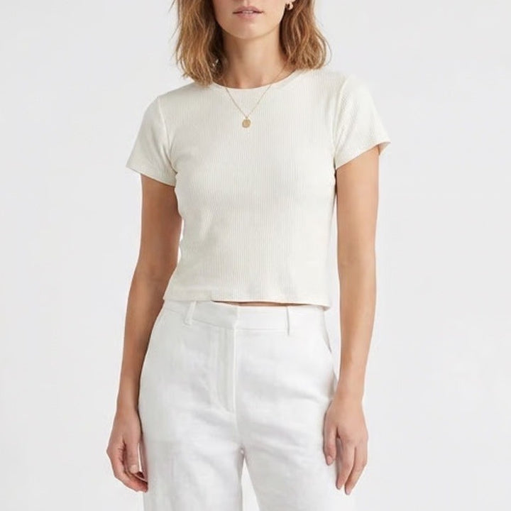 Calia Womens Seamless Crop Tee Pure White Ribbed Short Sleeve Top L