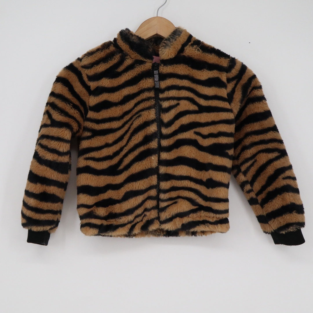 Art Class Girls Tiger Print Faux Fur Bomber Jacket Brown Black Zip Up S 6/6X