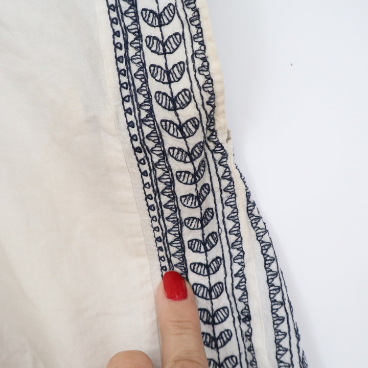 World Market White Navy Blue Embroidered Cotton Peasant Blouse Peplum Top S/M