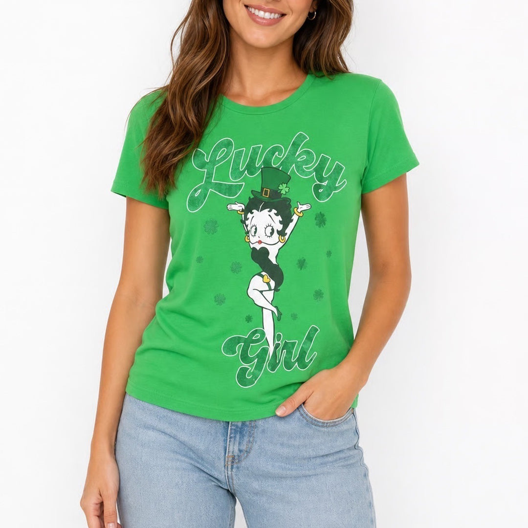 Betty Boop Lucky Girl St Patricks Day Green Glitter Graphic Tee Shirt Small NEW