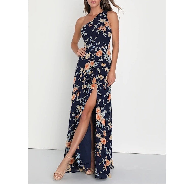 Lulus Elegant Admiration One Shoulder Maxi Dress Womens Medium Navy Blue Floral