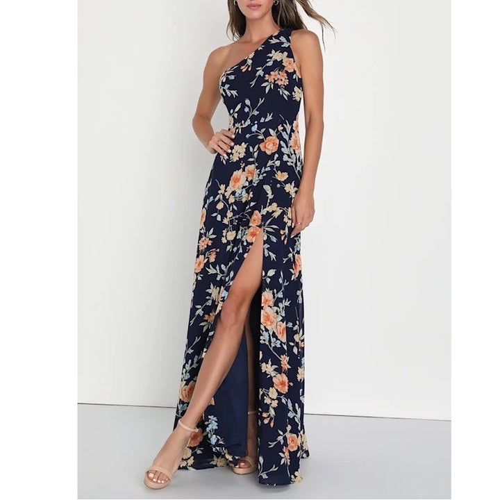 Lulus Elegant Admiration One Shoulder Maxi Dress Womens Medium Navy Blue Floral