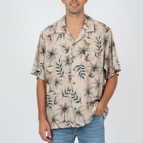 Batck Bay Mens Silk Hawaiian Shirt Tropical Palm Tree Print Button Up Size L