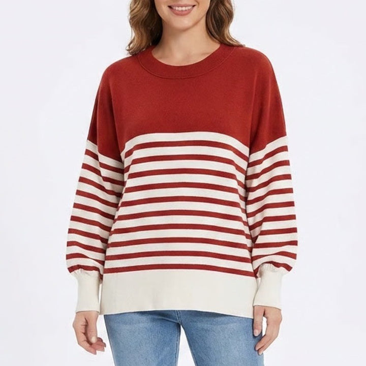 Red Cream Striped Oversized Crewneck Sweater Long Sleeve Side Slit Size M