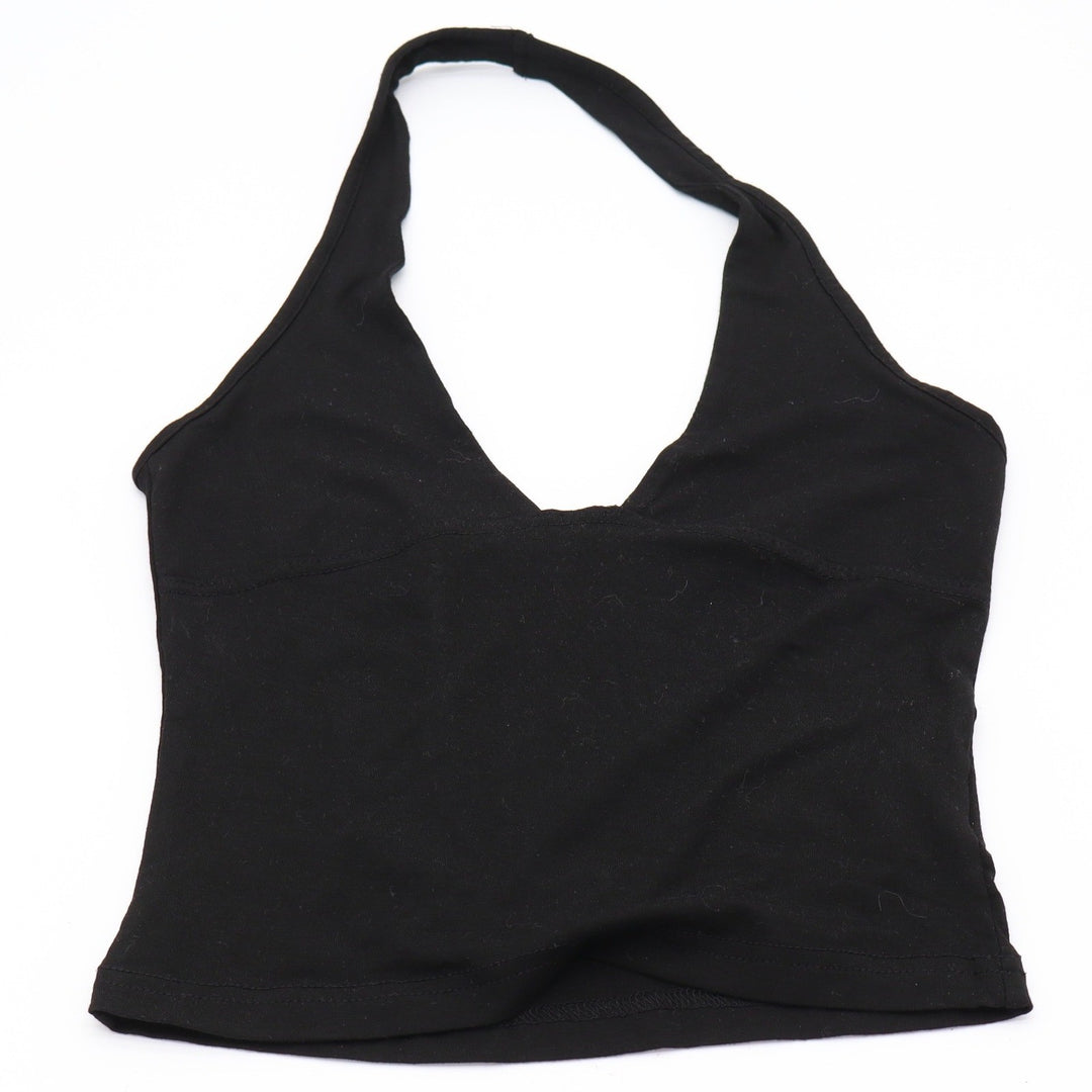 Unbranded Halter Top Womens XS Cropped Black V-Neck Stretch Excellent