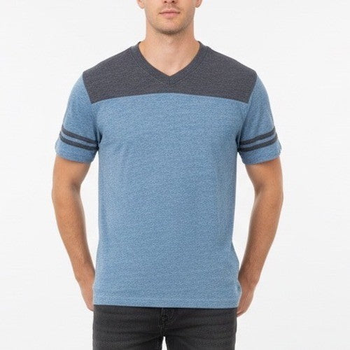 Eddie Bauer Mens V Neck Color Block T Shirt Blue Gray Stripes Size M