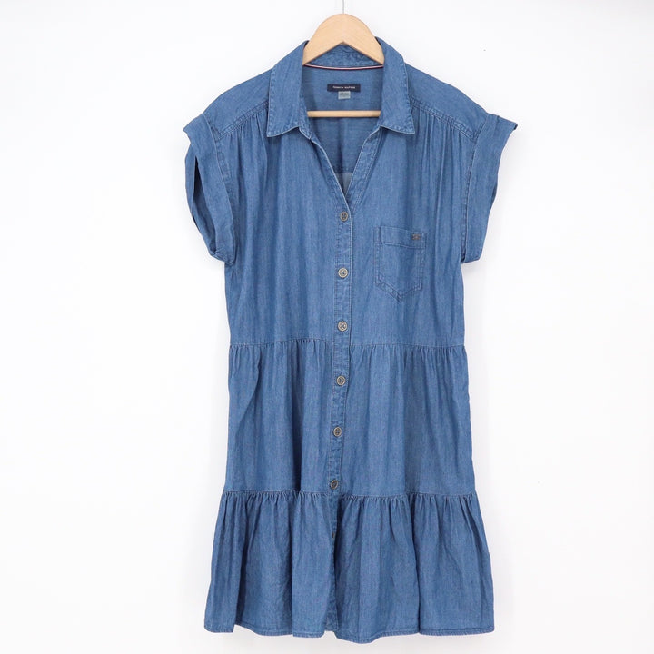 Tommy Hilfiger Dress Women's 8 Tiered Shirt Dress Blue Button-Down Denim