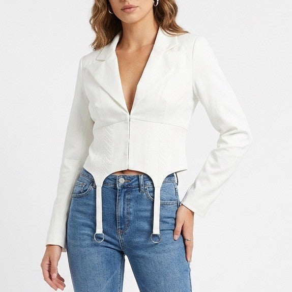 Naked Wardrobe The Statement Ivory Cropped Garter Blazer NWSP20-J6 Small