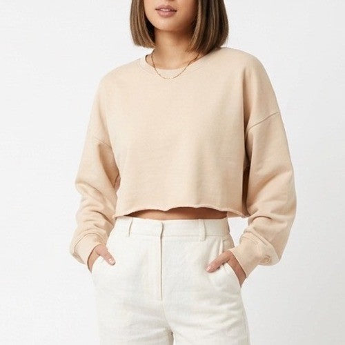 Naked Wardrobe Tan Beige Cropped Sweatshirt Raw Hem XL