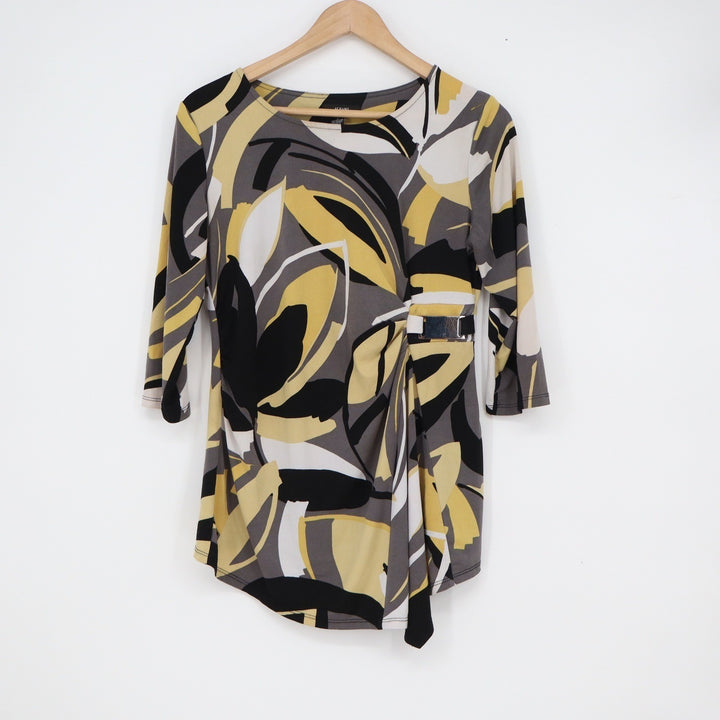 Alfani Womens Abstract Floral Side Buckle Blouse Yellow Grey Black Size S