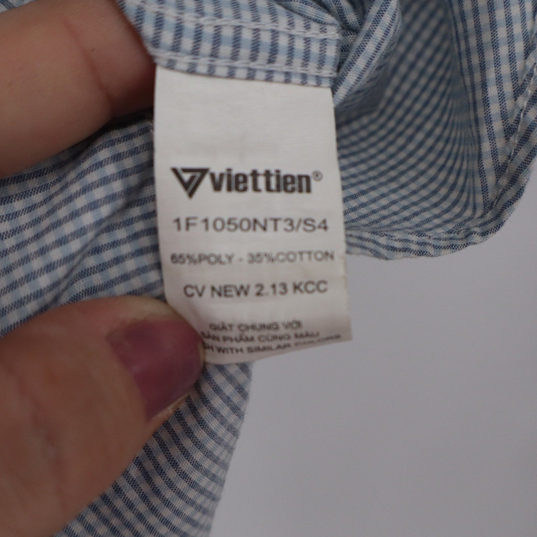 Viettien Mens Blue Gingham Check Short Sleeve Button Down Shirt Regular 40