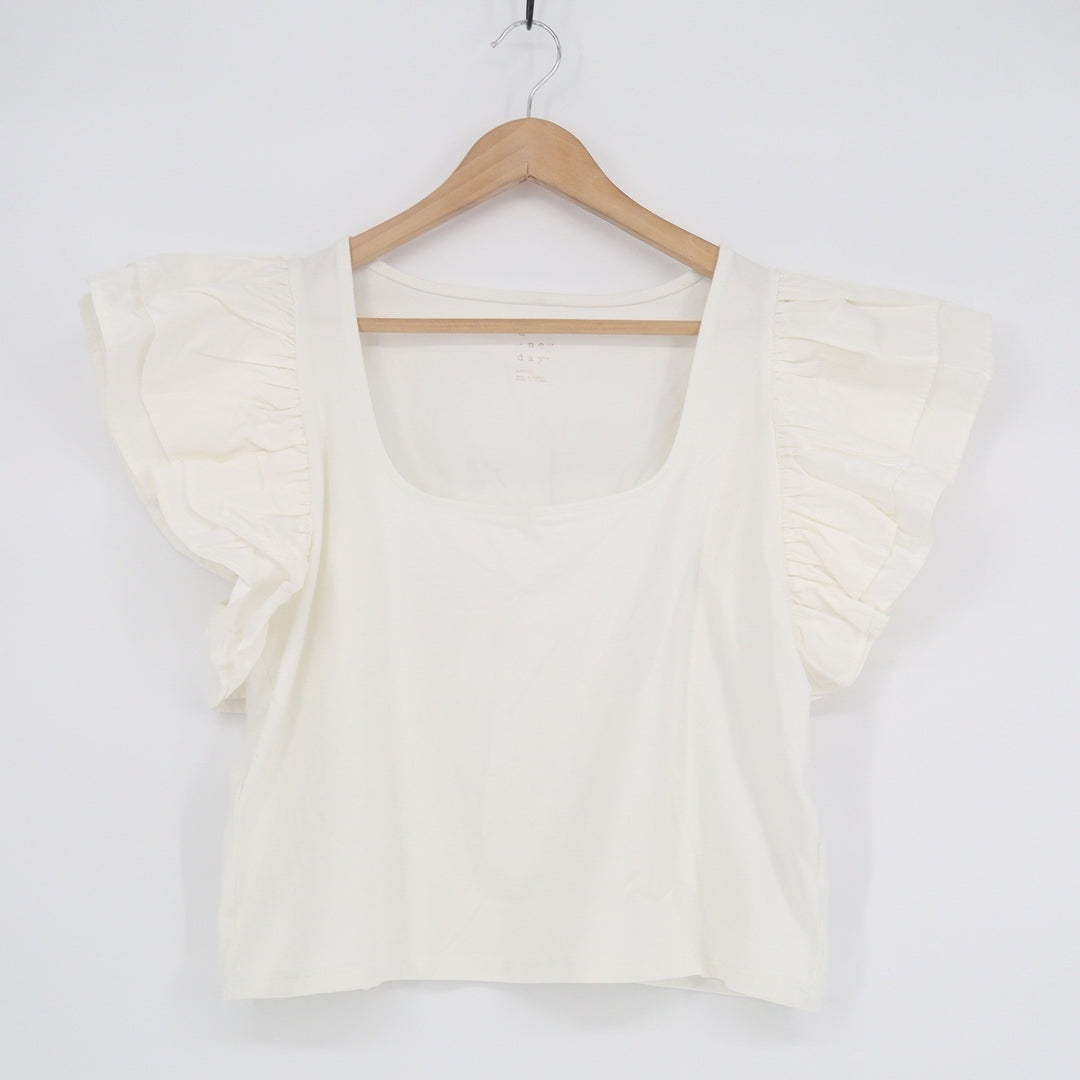 A New Day White Ruffle Flutter Sleeve Square Neck Top Large